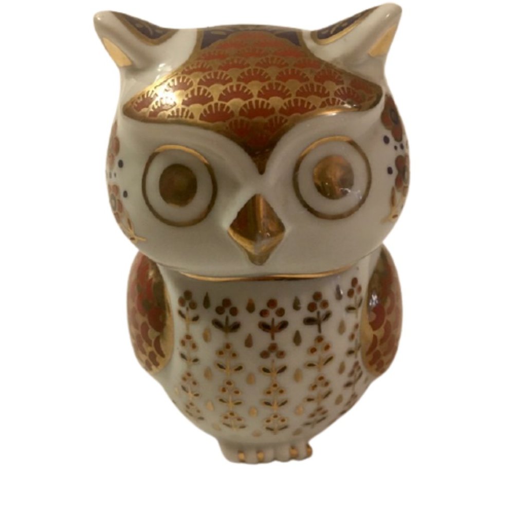 Vintage White Porcelain Owl Figurine Gold Cobalt Blue White Rust Japan